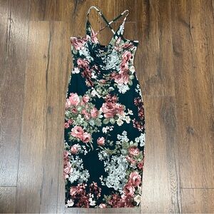 Guess green floral front swag midi dress SZ LG